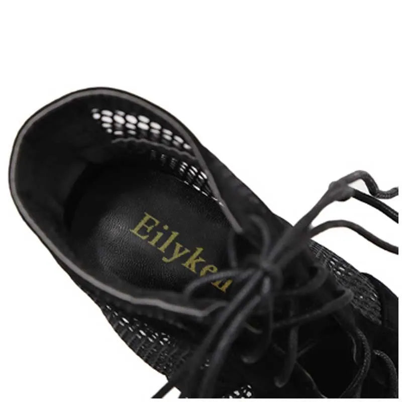 Black suede lace-up high heel women's shoes showing 11.5cm heel height with detailed sizing chart showing millimetre measurements