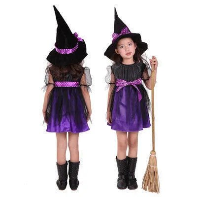 Children's witch costume in 90% linen available in bat, broom, purple or yellow colours with Asian sizing