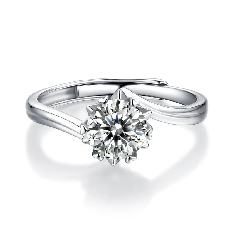 S925 silver platinum-plated open mouth moissanite ring with round cut stone, unisex geometric style