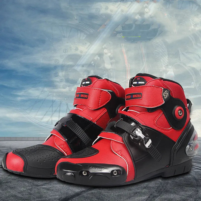 Road motorcycle riding shoes ankle boots in black with anti-twist design and adjustable fastening buckle