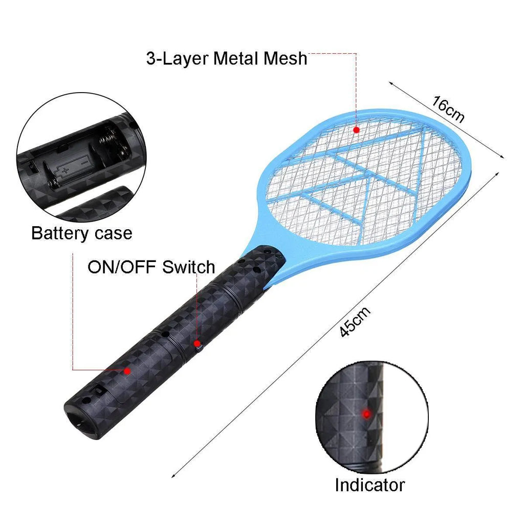 Blue rechargeable electric mosquito swatter with 45cm handle and 16cm mesh grid