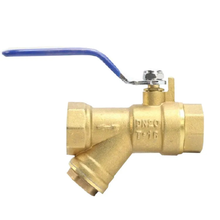 Solid brass Y-type filter ball valve with threaded ends for DN20 or DN25 pipe connections.