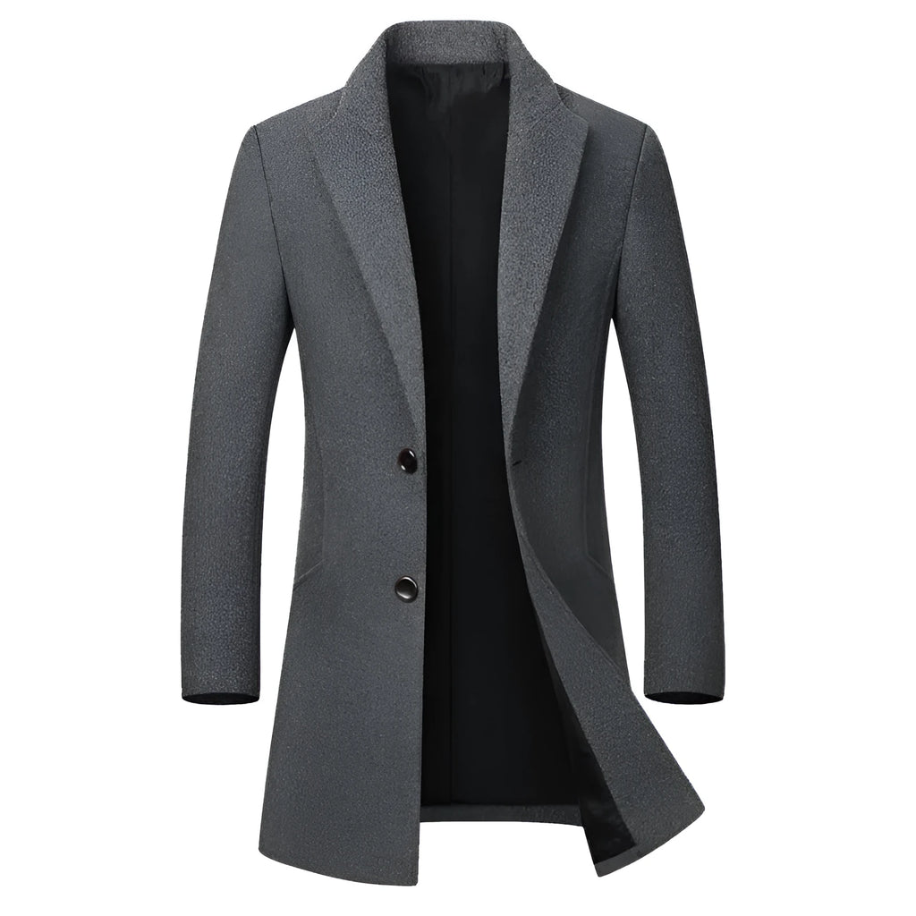 Men's long woolen trench coat in dark navy double-breasted with notch lapel