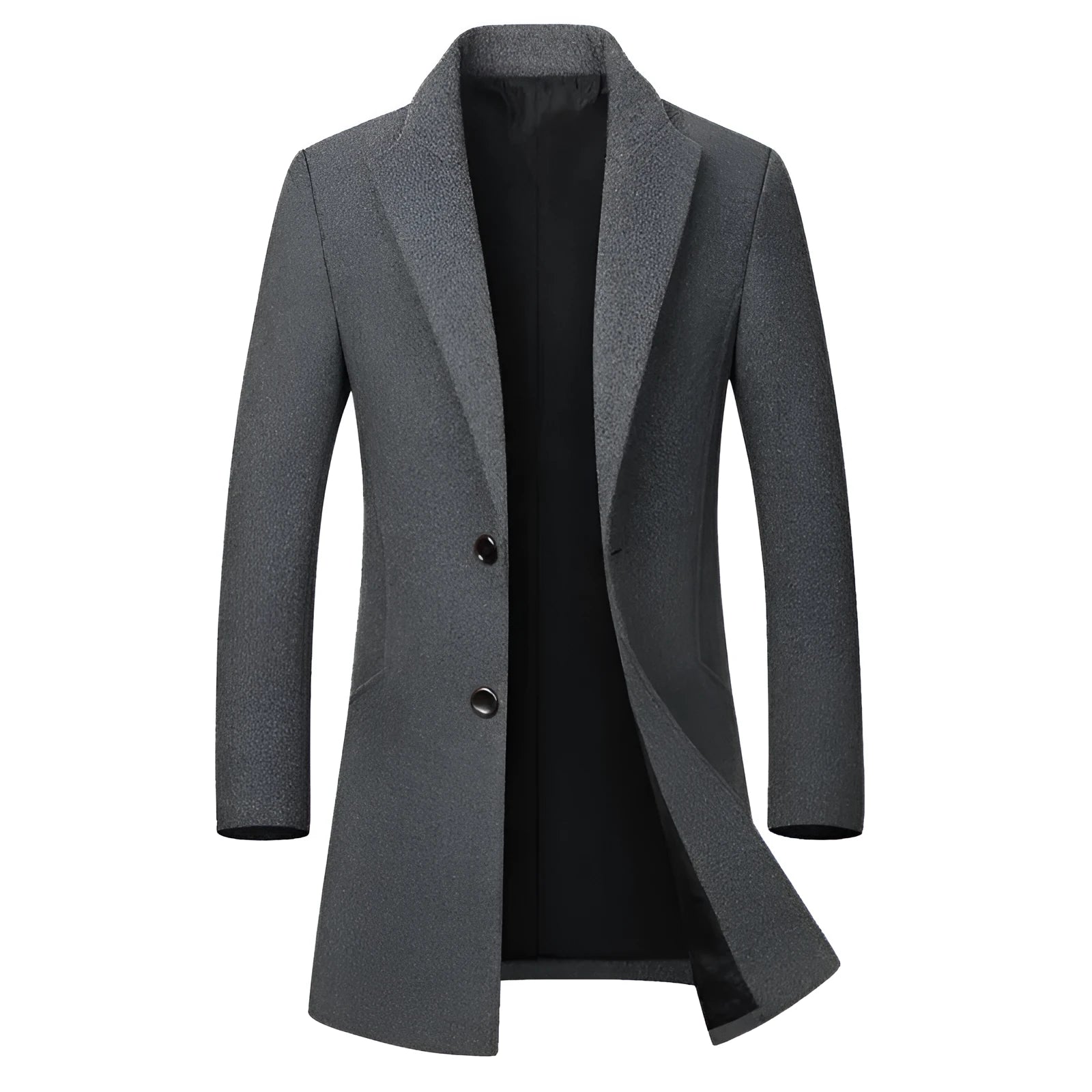 Men's long woolen trench coat in dark navy double-breasted with notch lapel