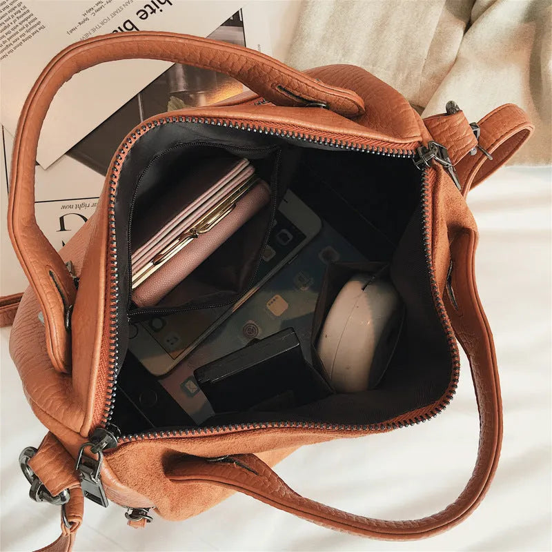 Large casual tote shoulder bag for women in soft PU leather, lightweight 340g, with smooth zipper; shown in black brown gray variants