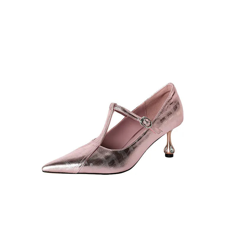 Women's genuine leather Mary Jane high heels with chunky heel in gun colour