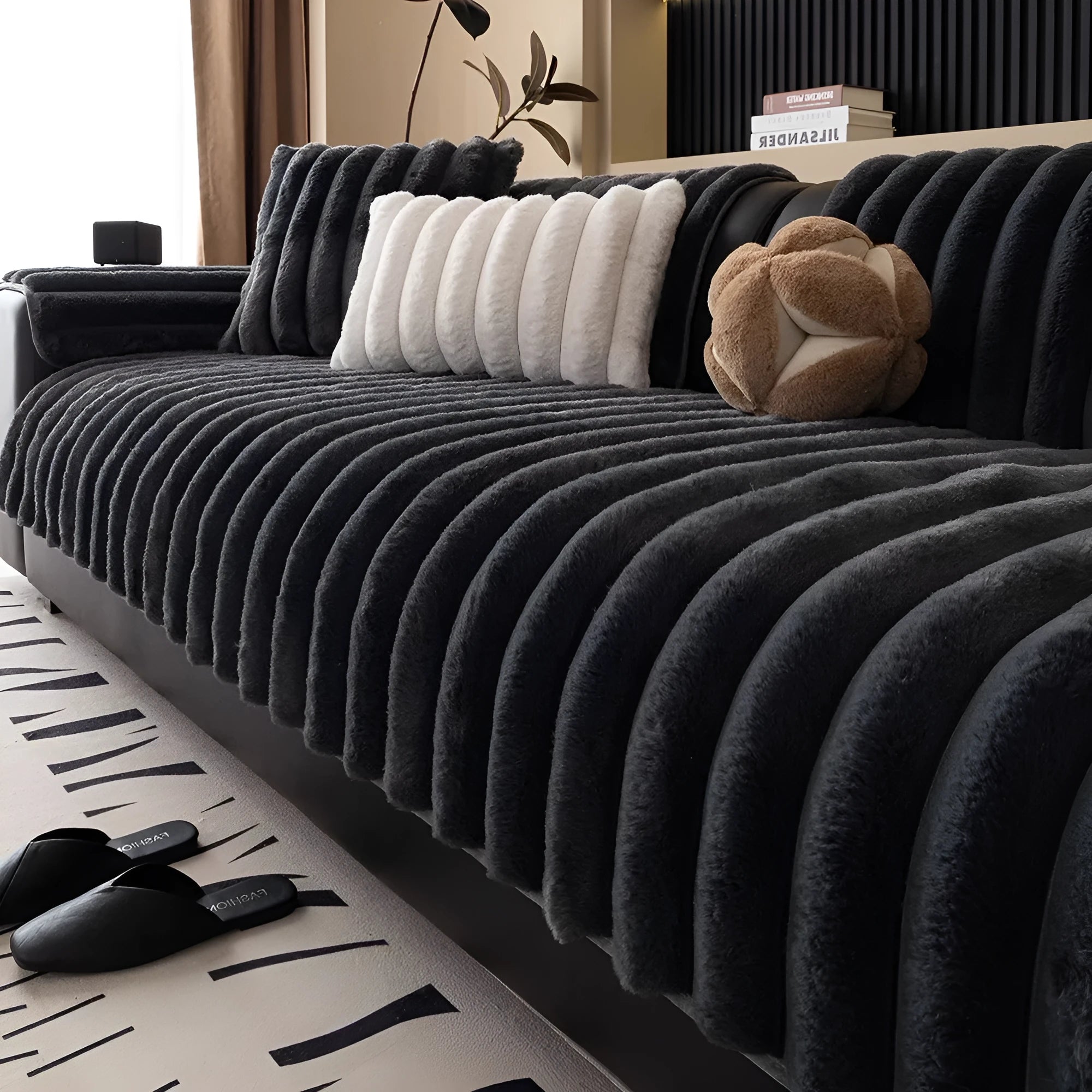 Striped rabbit plush thickening sofa cushion in dark gray on a sofa with antislip flannel surface