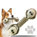 Cotton rope tennis dumbbell dog toy in khaki, 25cm long with a 6.5cm rubber ball centre
