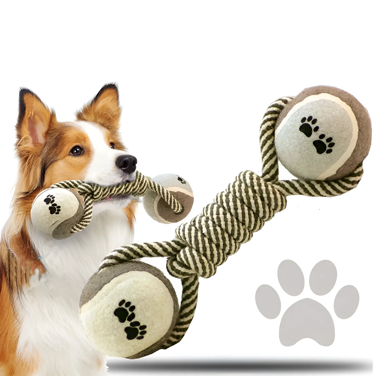 Cotton rope tennis dumbbell dog toy in khaki, 25cm long with a 6.5cm rubber ball centre