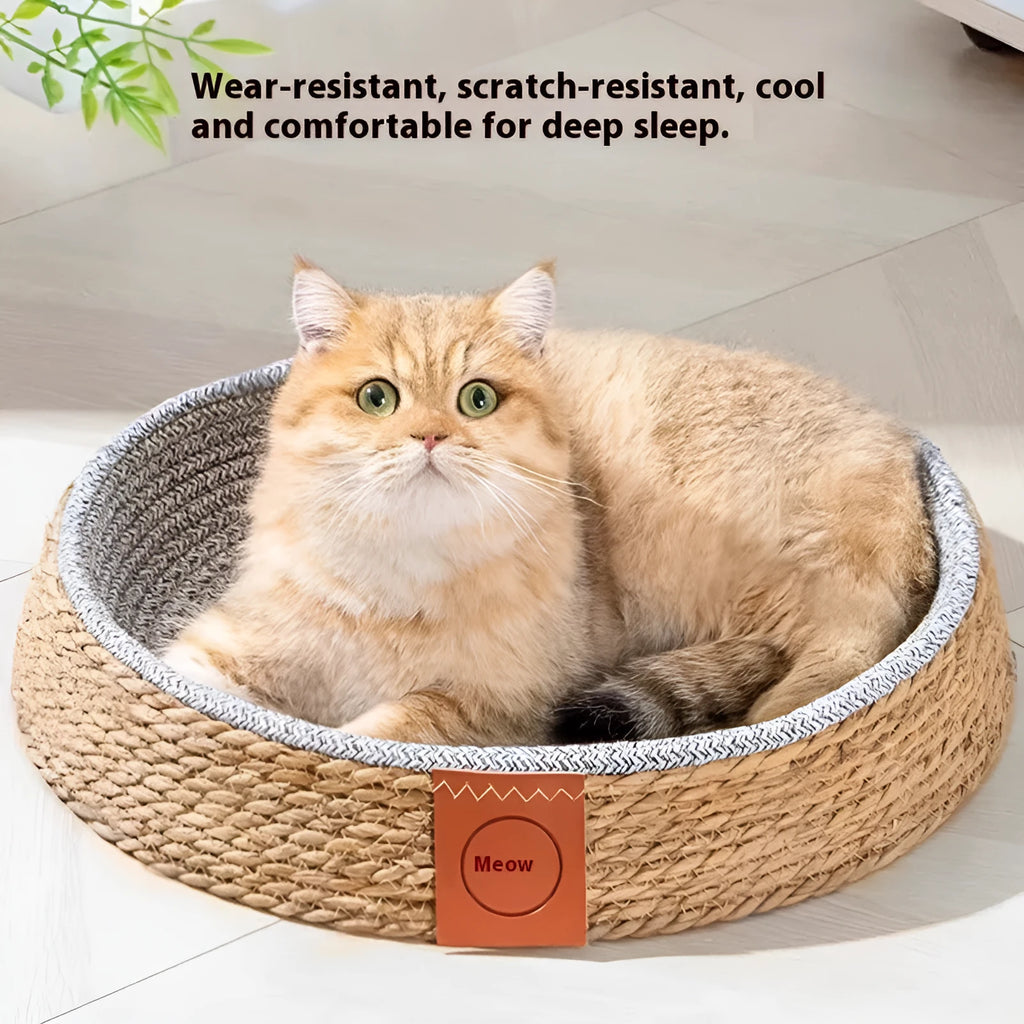 Natural rattan woven cat nest bed for pets, shown in one of four available sizes.