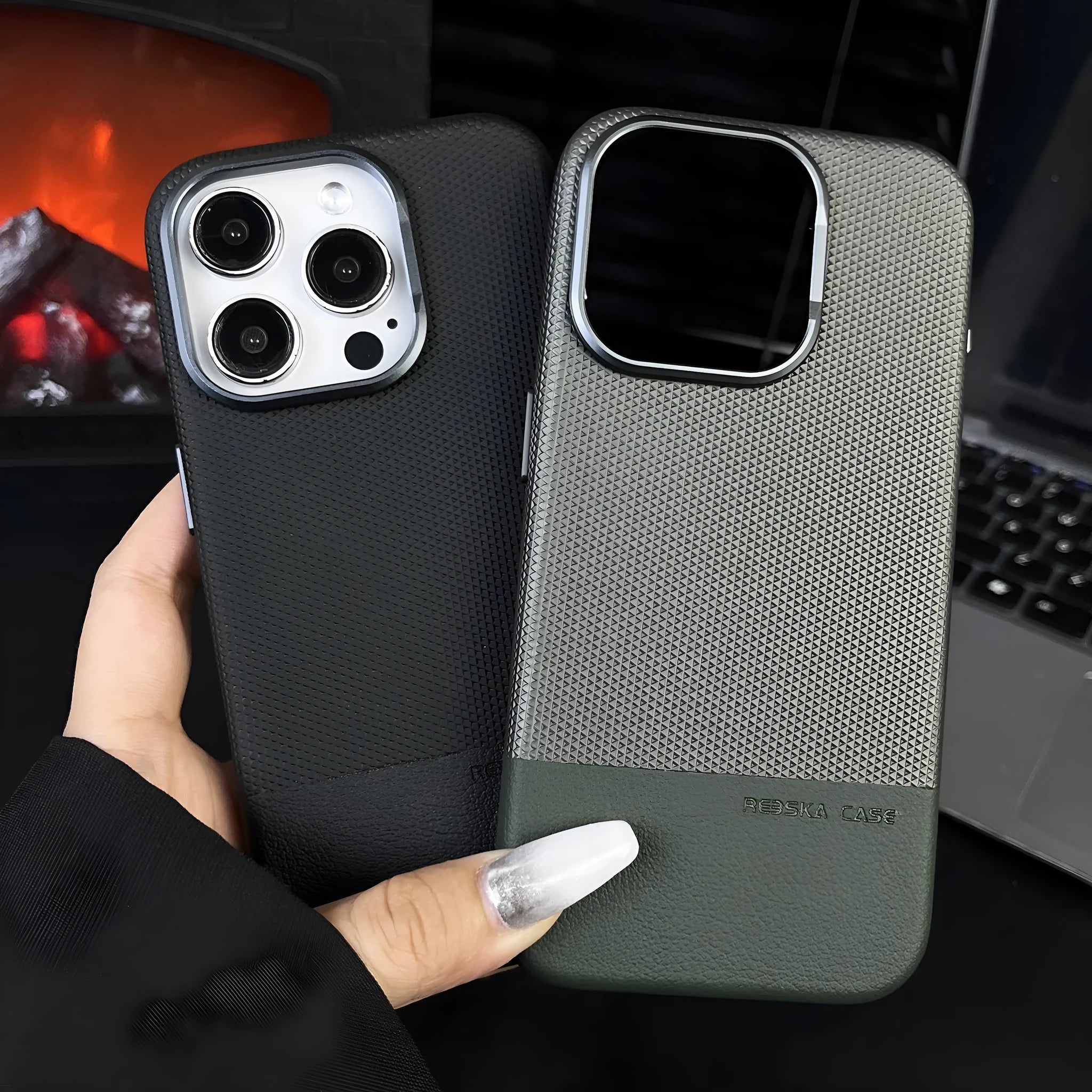 Black iPhone case with dragon scale texture and stitching, showing magnetic all-inclusive shockproof design