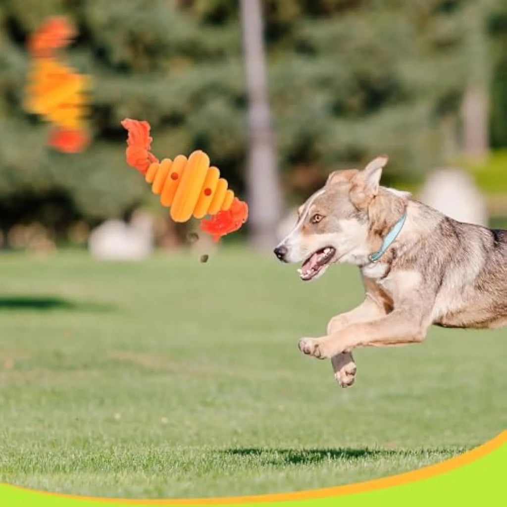 Green and yellow dog ball with rope attachment for large breed interactive play and treat dispensing