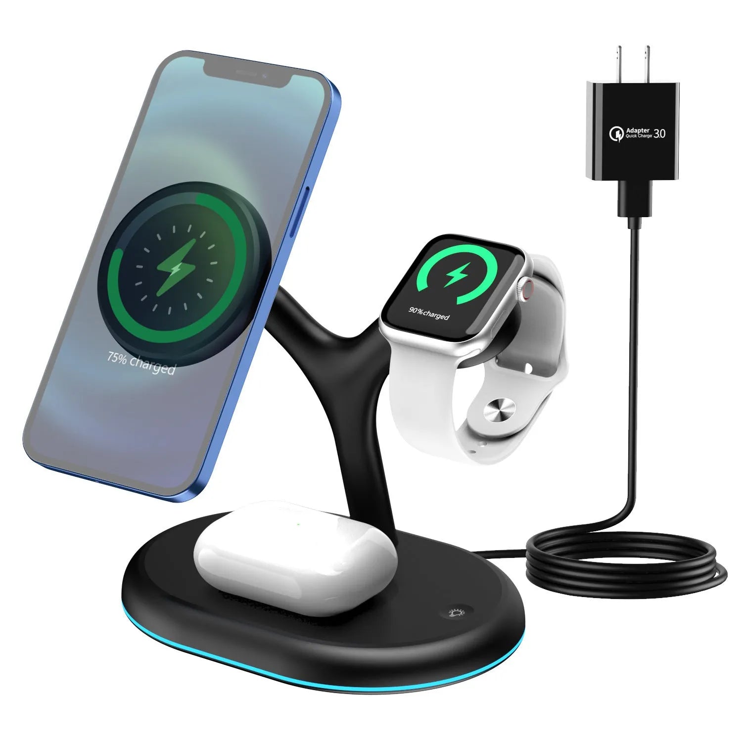 Black three-in-one magnetic wireless charger for phone, smartwatch, and earbuds.