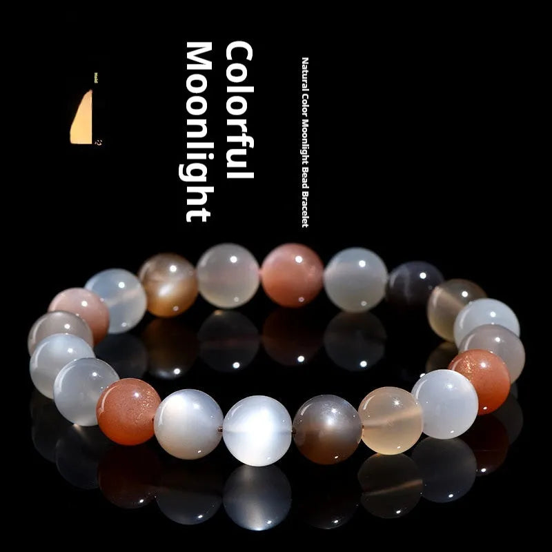 Natural moonstone Duobao bracelet with 8mm beads showcasing a colourful moonlight effect on an adjustable band.