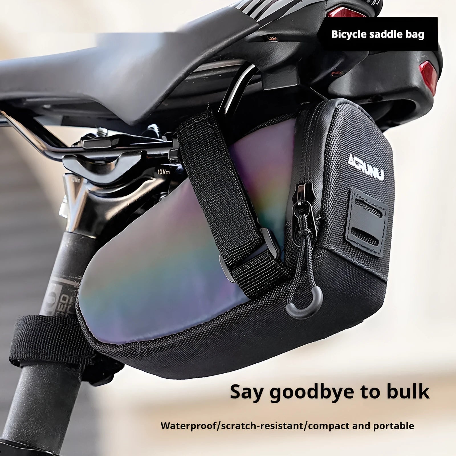 Bicycle waterproof rear bag with hanging taillight in black, 15x8x8cm, 1.5L capacity, composite fabric and mesh construction