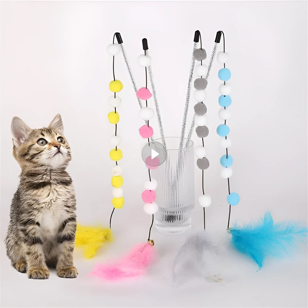 31cm cat teaser rod with bell and coloured pompon feather toys for interactive play