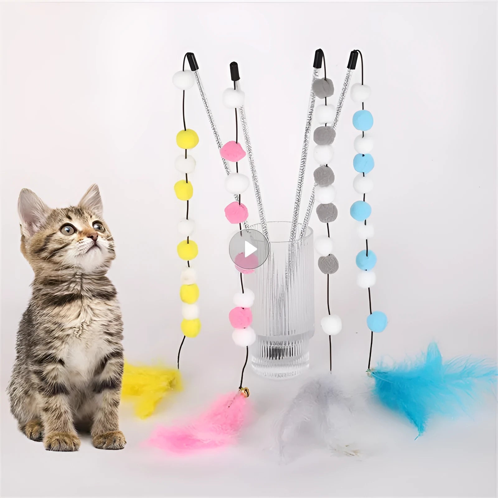31cm cat teaser rod with bell and coloured pompon feather toys for interactive play