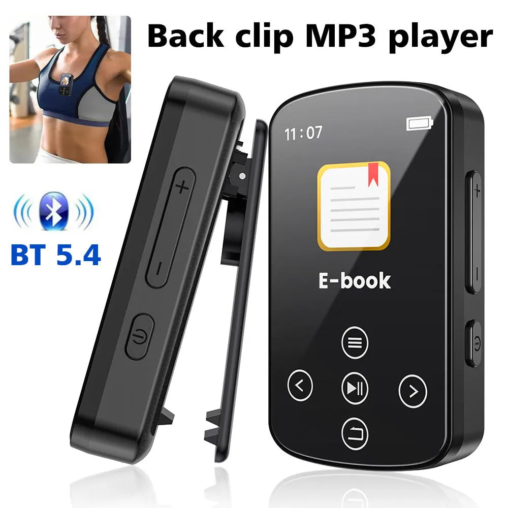 Black Bluetooth music player with 1.5-inch touch screen, FM radio, recording, and e-book functions, 60x35x18mm