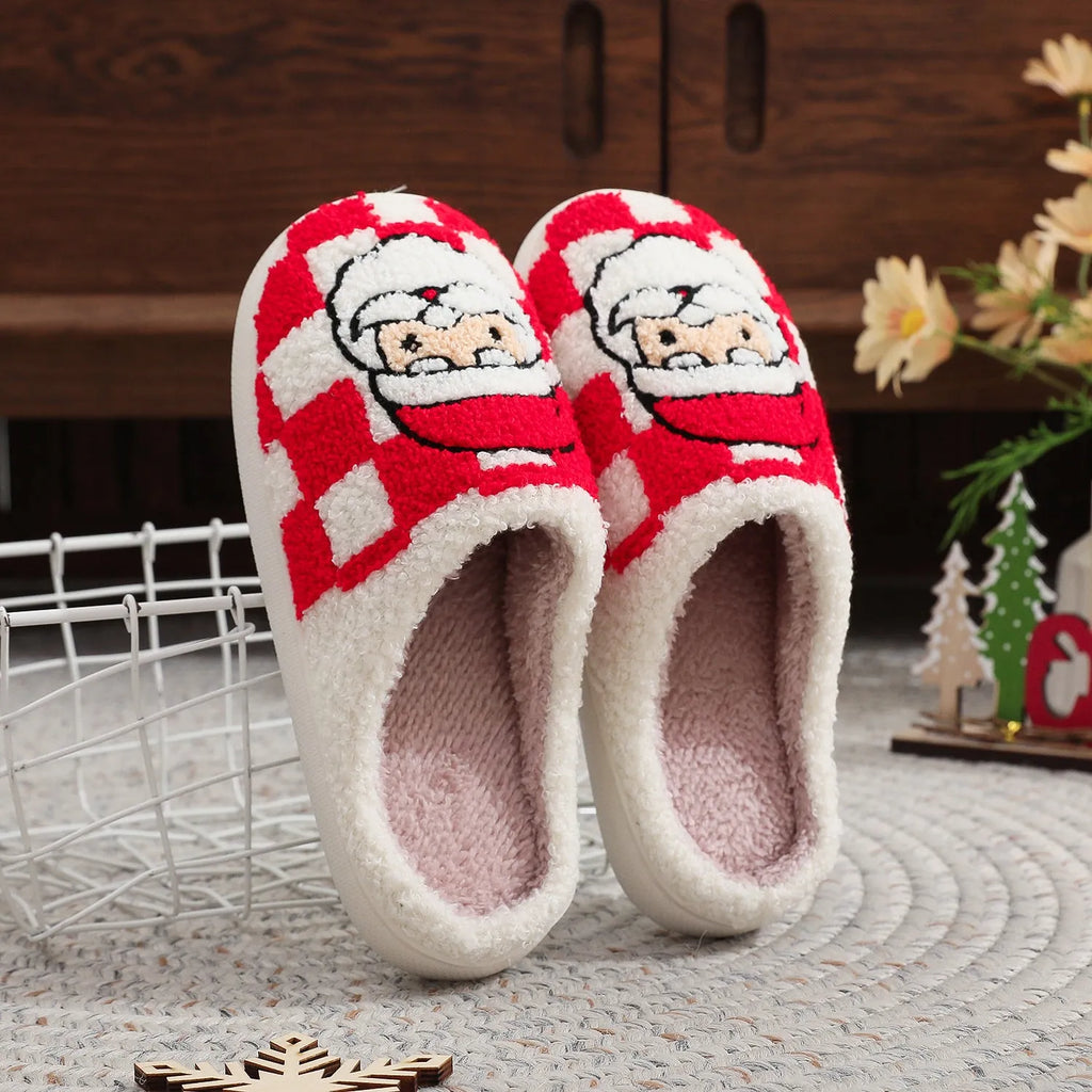 Red checkered Christmas plaid Santa Claus slippers with non-slip TPR sole for indoor winter wear