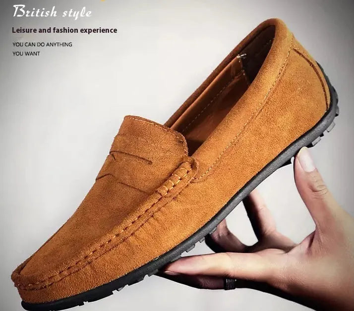 Men's suede leather Gommino casual shoes with flat rubber sole and round toe in black