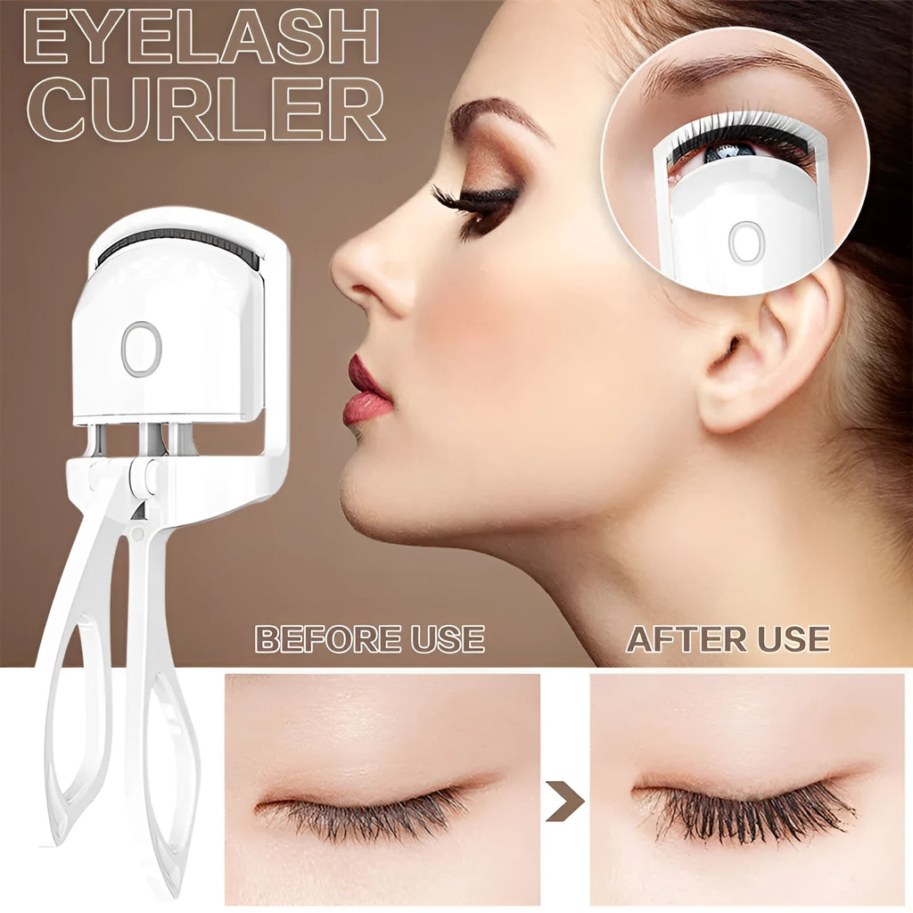 White USB rechargeable heated eyelash curler with dual temperature settings shown on a pink background.