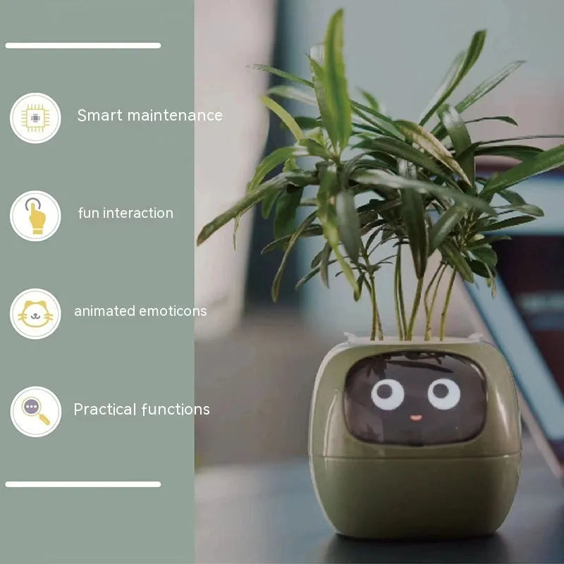 Smart planter with AI chips and 7 sensors, small size 114x100x96mm, green colour, multifunctional screen