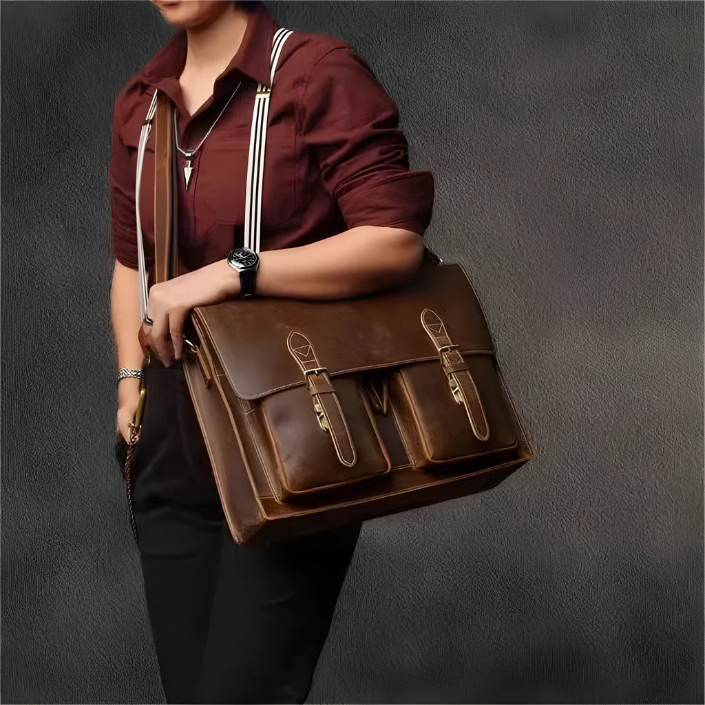 Genuine cowhide leather crossbody computer bag in solid colour with visible sewing lines