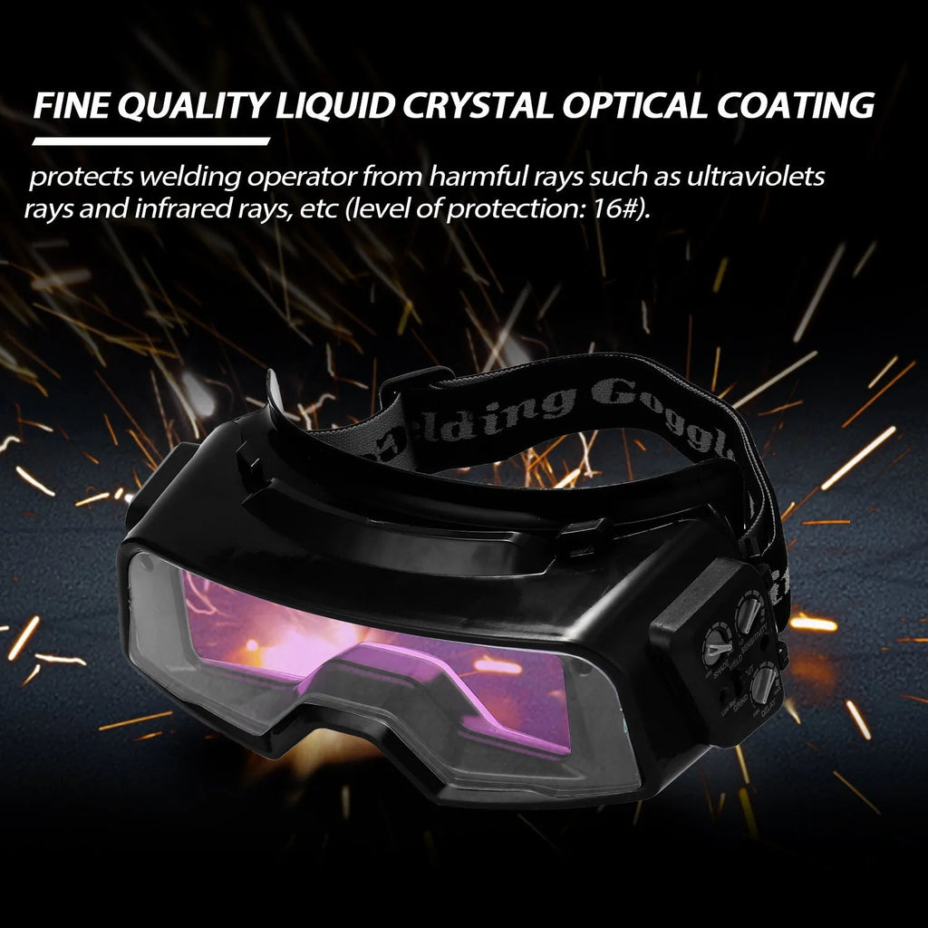 Black automatic darkening welding mask glasses with a large rectangular lens on a lightweight frame.