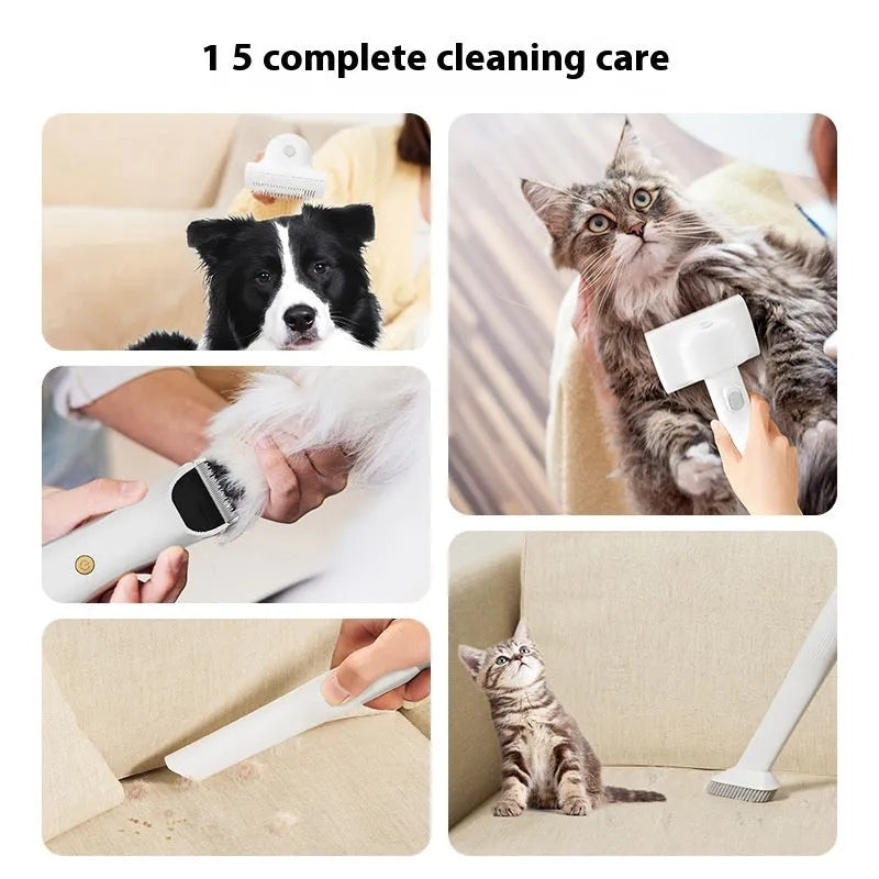 Pink white pet hair conditioner vacuum cleaner with grooming attachments on white background