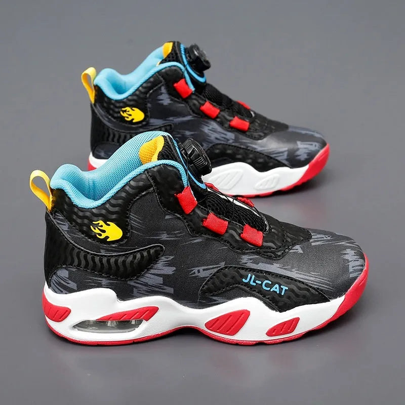 Children's rotating button basketball shoes in black synthetic leather with a white and blue accent.