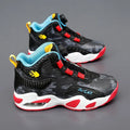 Children's rotating button basketball shoes in black synthetic leather with a white and blue accent.