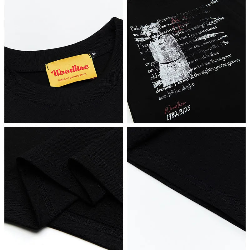 Men's black retro loose fit pure cotton T-shirt with printed letter designs and raglan sleeves