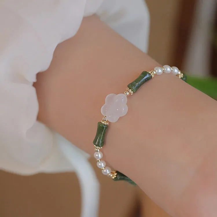 Women's antique Chinese style bracelet with bamboo joint design, Hetian jade, and 4mm shell pearls
