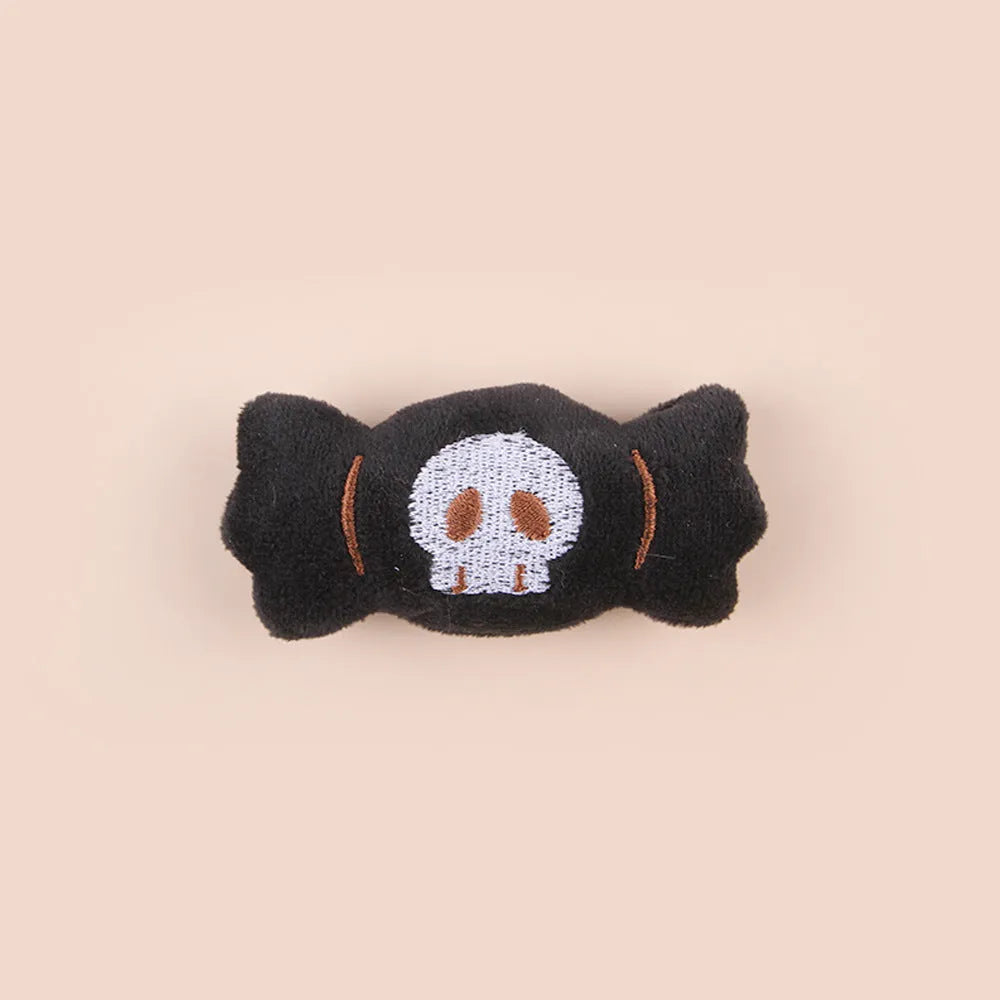 Small plush cat teaser wand toy with dangling elements in candy colour design