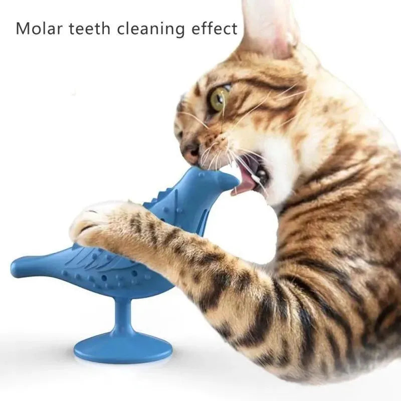 Blue bird shape interactive cat toy with suction cup base on a floor