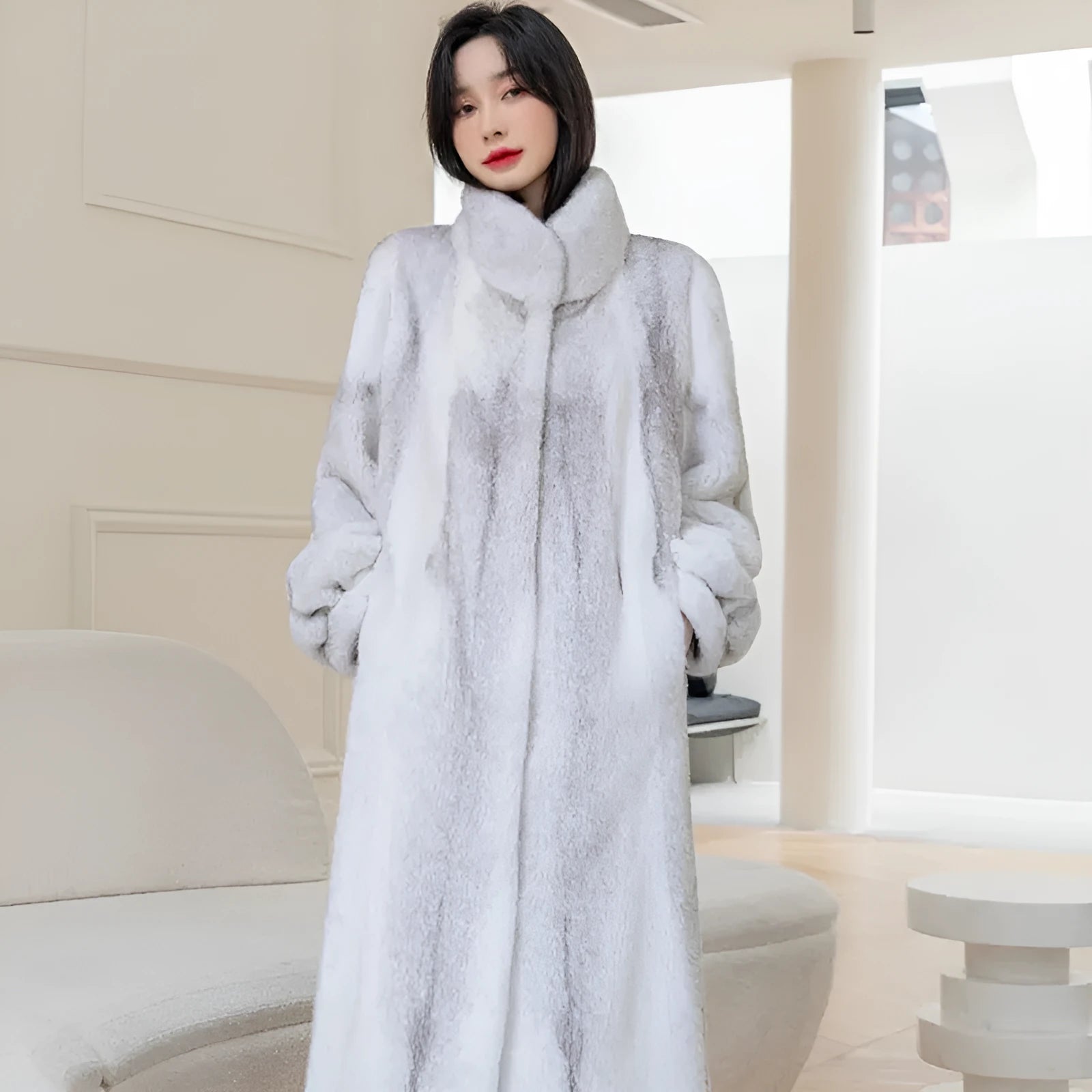 White women's artificial fur coat with stand-up collar, regular sleeves and 80cm length