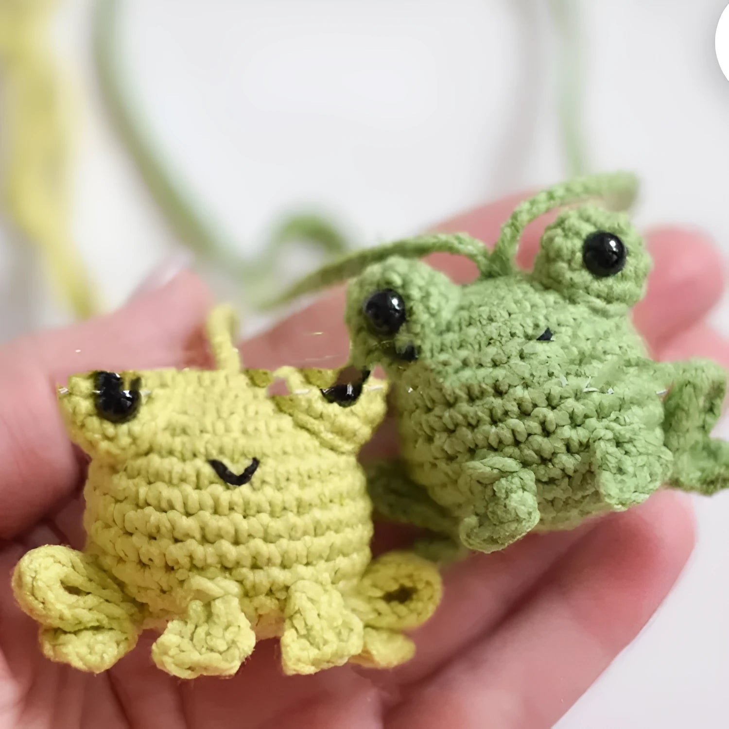 Handmade woven car pendant with small frog design in plush material