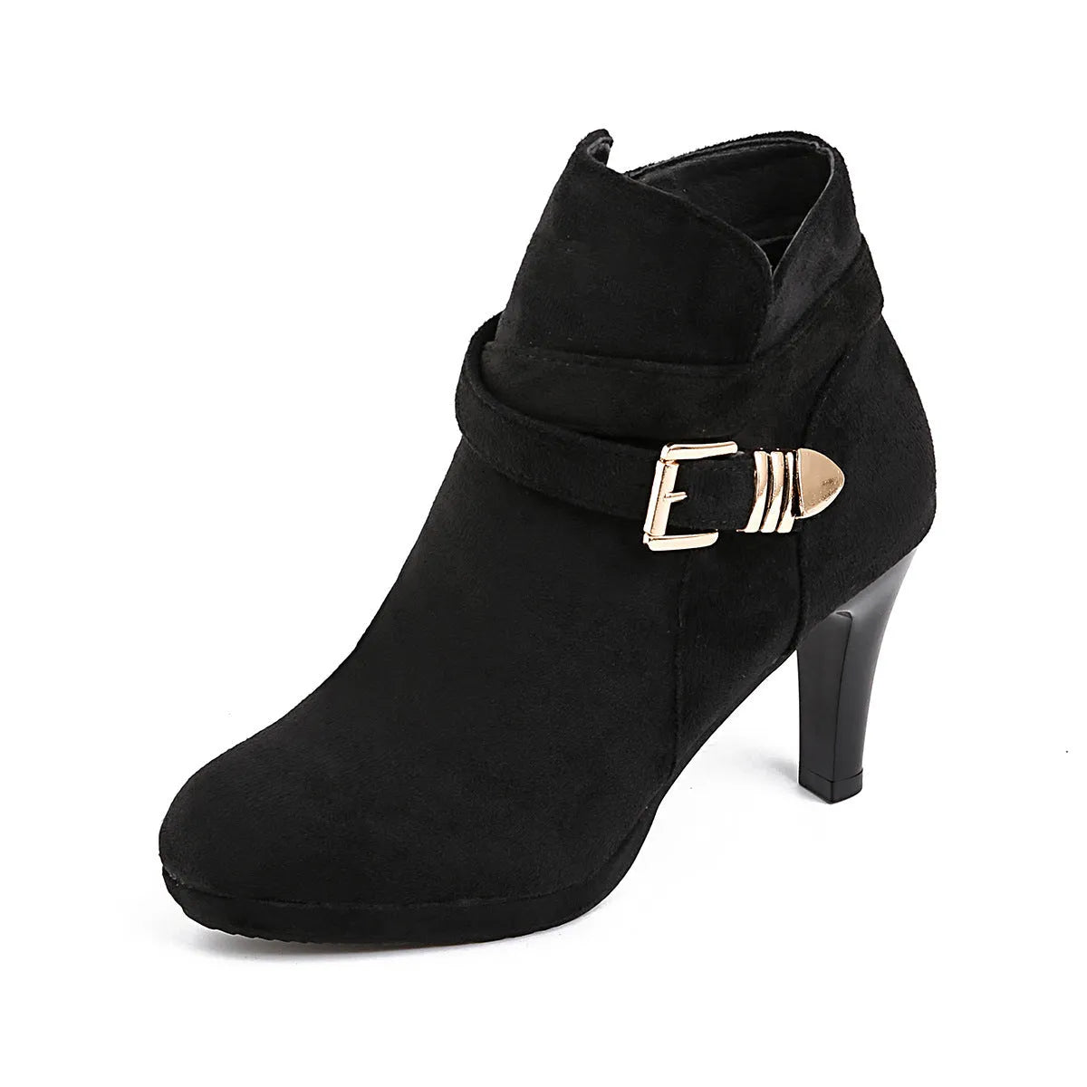 Women's plus size suede stiletto mid-calf boots in black, brown or khaki with 6-8cm heel and round toe