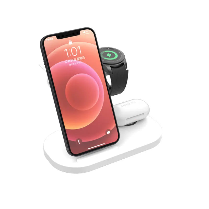 Black three in one wireless charging stand with USB interface, 12V input and output, 2000mA charging current