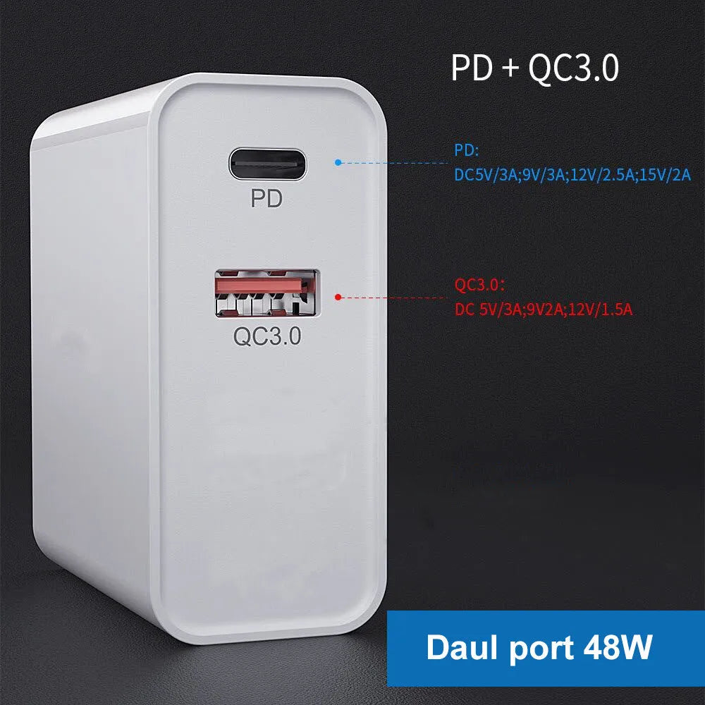 White multi-port fast charge wall charger with international plug options on a desk
