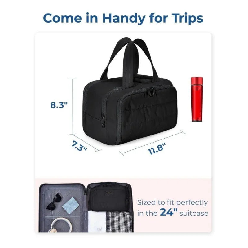 Large open travel toiletry bag in soft-touch polyester fabric, shown in a light blue colour.