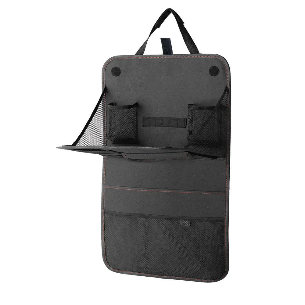 Black Oxford cloth car seat back storage bag with multi pockets and red stitching, 38x60cm