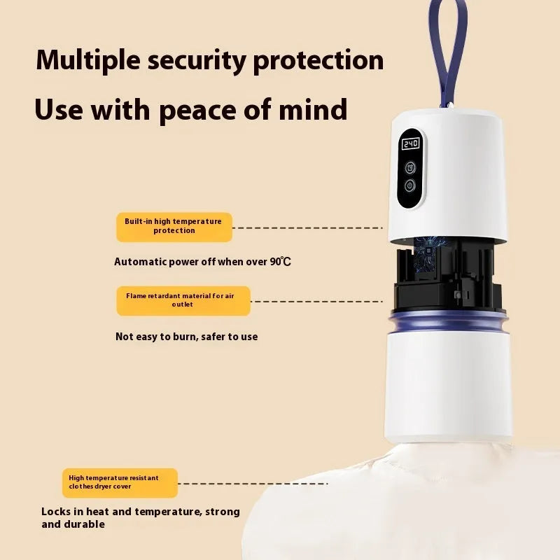 White cylindrical mini air dryer, 85x85x166mm, PTC under 500W, with drying bag