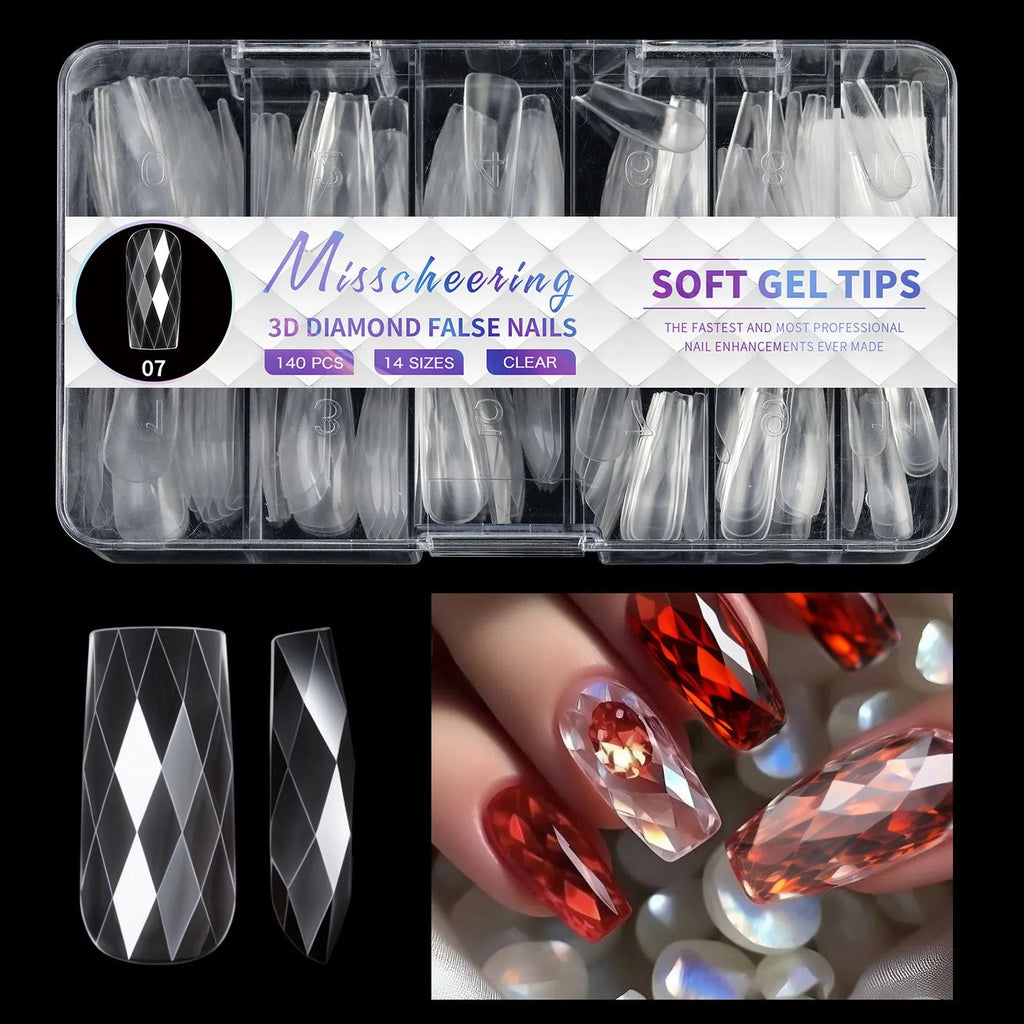 Long coffin-shaped diamond nail tips for 3D styling in assorted colours with transparent adhesive zones