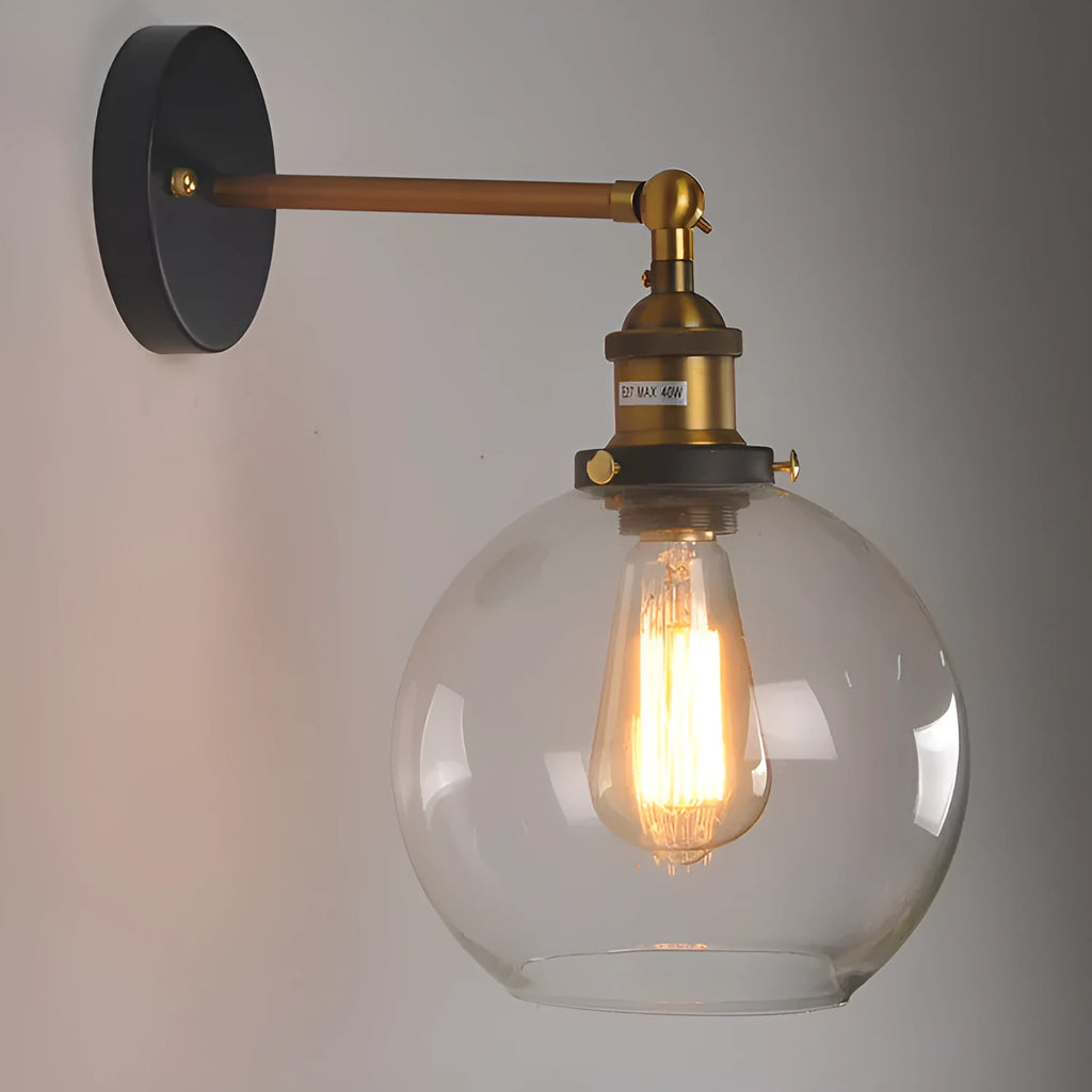 20cm round glass ball wall lamp with aluminium holder in amber, smoke grey, or transparent.