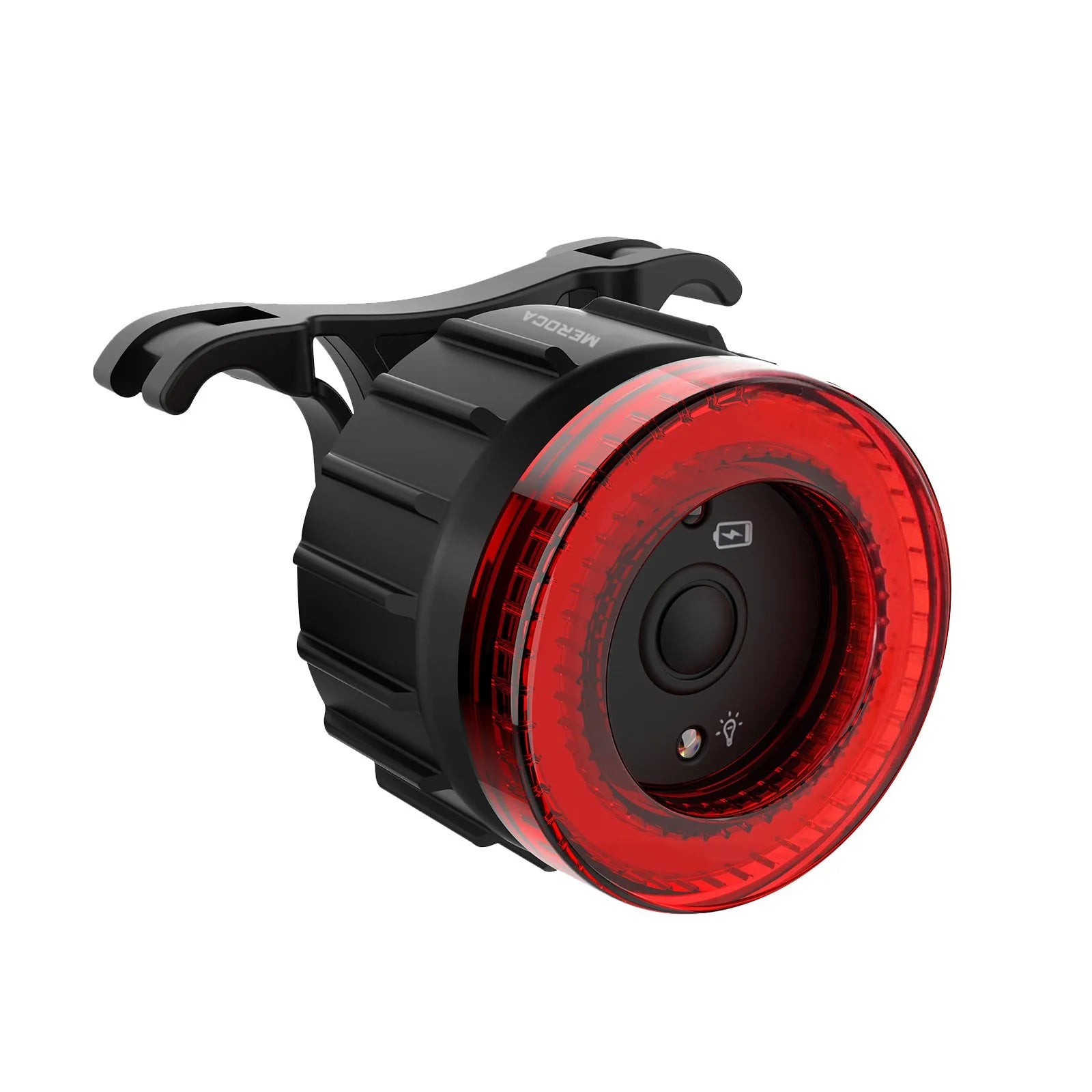 Black intelligent induction brake taillight for bicycles with aluminium alloy construction and two mounting brackets.