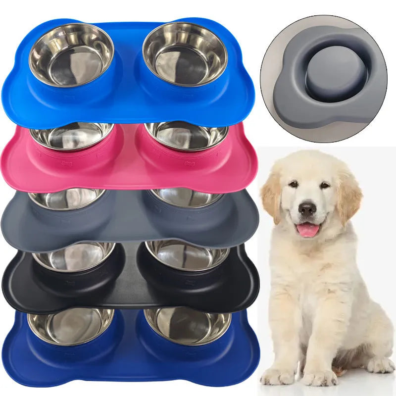 Large silicone double dog bowl with stainless steel inserts in blue colour showing two separate feeding compartments