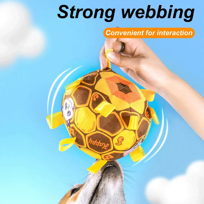 Green interactive ball dog toy with a plush handle for aggressive chewers, measuring 15cm.