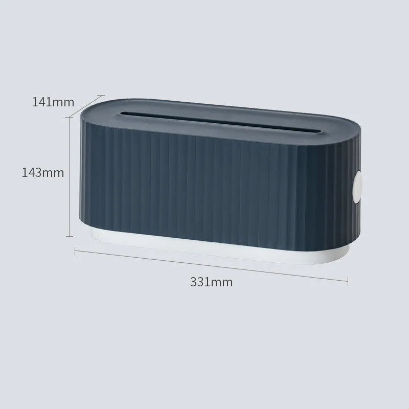 Blue HIPS power strip storage box with closed lid, dimensions 331x143x141mm