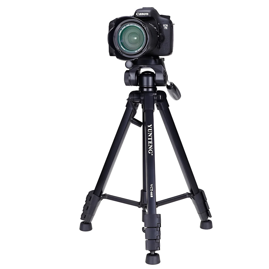 Yunteng 668 black magnesium alloy tripod with 3D damping pan tilt, 150cm height, and tripod bag